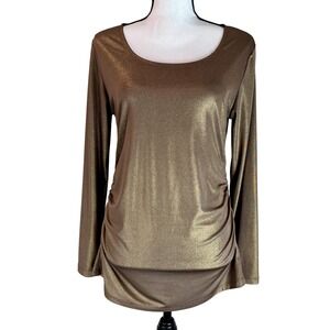 Berek Bronze Metallic Top Ruched Long Sleeve Sparkle Blouse Size Medium Old Gold
